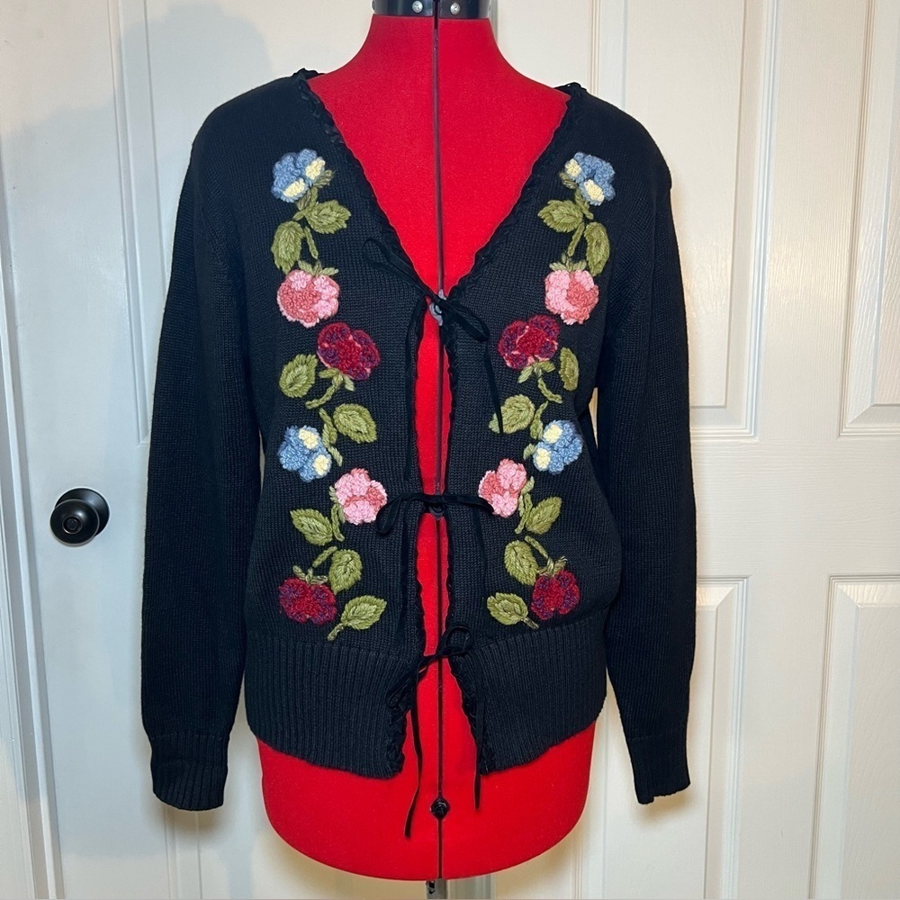 Vintage Tiara International Black Knit Cardigan Embroidered Flowers